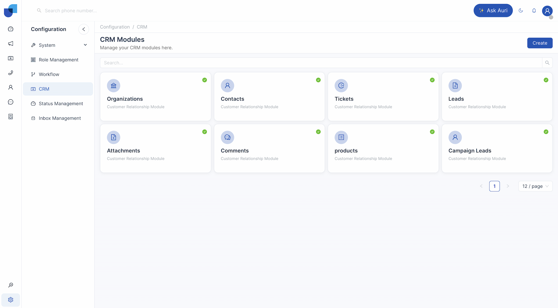 Uniconnect No-Code CRM Module Configuration Interface showing custom entities including Organizations, Contacts, Tickets, and Products