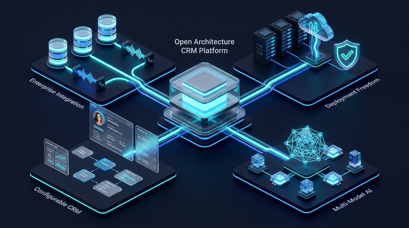 3D isometric architectural illustration of an Open Architecture CRM Platform connected via luminous data conduits to four enterprise pillars: Enterprise Integration, Configurable CRM, Deployment Freedom, and Multi-Model AI.