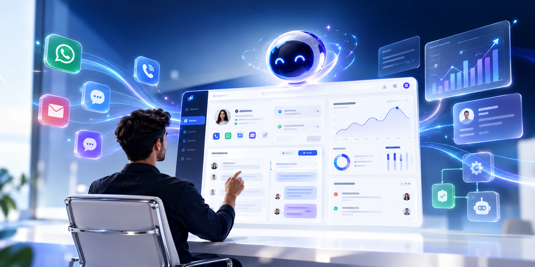 Uniconnect AI Workspace Dashboard showing unified omnichannel streams, real-time AI copilot assistance, and automated CRM records
